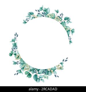 Telaio rotondo composto da rami di eucalipto. Bordo ad acquerello per la progettazione di biglietti di auguri, inviti, congratulazioni, poster, annunci. Mer Foto Stock