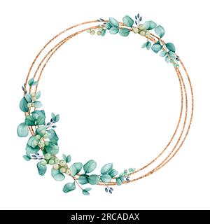 Cornice rotonda dorata composta da rami di eucalipto. Bordo ad acquerello per la progettazione di biglietti di auguri, inviti, congratulazioni, poster, annunciatori Foto Stock
