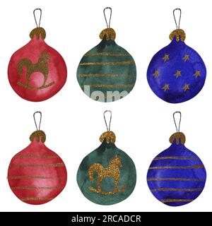 Set di palline di natale ad acquerello. Un regalo di Natale. Illustrazione isolata. Clipart. Illustrazione raster per la confezione, i biglietti di auguri e l'involucro del pa Foto Stock