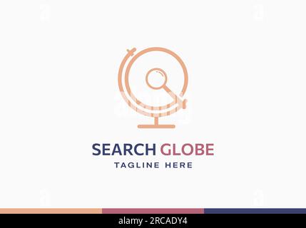 Ricerca modello logo simbolo simbolo simbolo astratto Globe. Icona del globo con Incorporated Search Magnifying Glass silhouette Creative Travel Emblem Concept Illustrazione Vettoriale