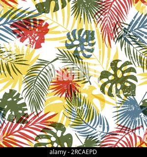 Foglie di palma colorate e luminose su sfondo bianco. Motivo tropicale estivo senza cuciture. Tessuto di tendenza, stampa tessile moda, carta da imballaggio. V Illustrazione Vettoriale