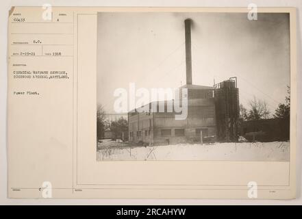 Didascalia: "Centrale elettrica di Edgewood Arsenal, Maryland durante la prima guerra mondiale Questa struttura, identificata dal simbolo EMESSO A, era sotto l'amministrazione del Chemical Warfare Service. La foto è stata scattata nel 1918." Foto Stock