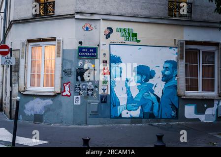 Street art nel popolare 13° arrondissement, Parigi, Francia Foto Stock