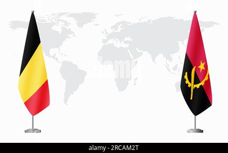 Bandiere del Belgio e dell'Angola per incontri ufficiali sullo sfondo della mappa mondiale. Illustrazione Vettoriale