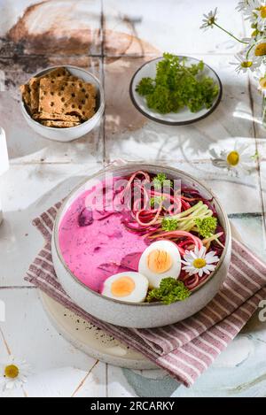 Kholodnik bielorusso barbabietola fredda, zuppa di uova e cetrioli, rifornita con kefir. Foto di alta qualità Foto Stock