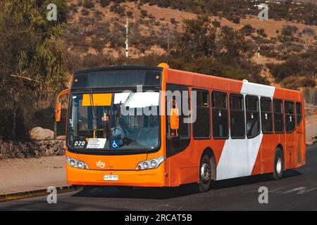 Santiago, Cile - 19 aprile 2023: Trasporto pubblico Transantiago, o Red metropolitana de Movilidad, autobus sulla linea D20 Foto Stock