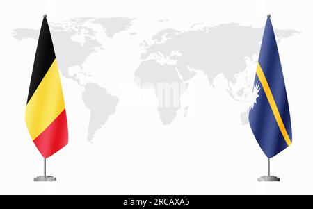 Belgio e Nauru bandiere per un incontro ufficiale sullo sfondo della mappa mondiale. Illustrazione Vettoriale
