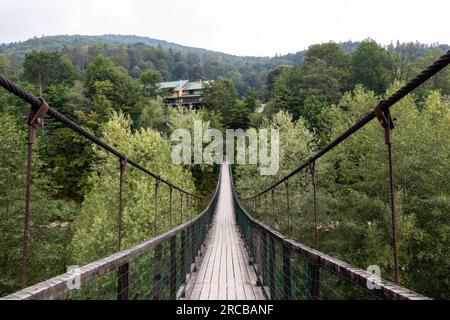 Ponte sospeso pedonale sul Prut a Yaremche Foto Stock