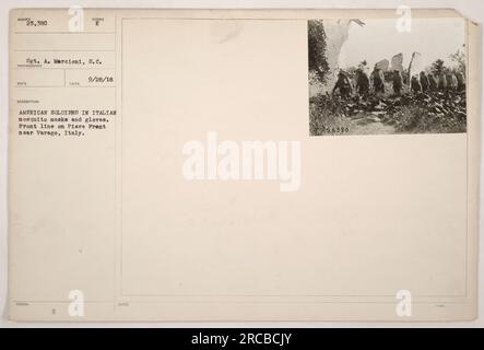 Soldati americani che indossano maschere e guanti di zanzara sul fronte Piave vicino a Varago, Italia. Fotografia scattata dal Sgt. A. Marcioni, S.C. il 28 settembre 1918. Foto Stock