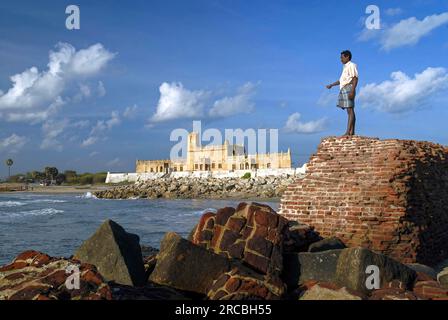 Dansborg buit di forte danese nel 1620 sulla riva della baia del Bengala a Tranquebar, Tharangambadi, Tamil Nadu, India meridionale, Asia. L'Est britannico Foto Stock