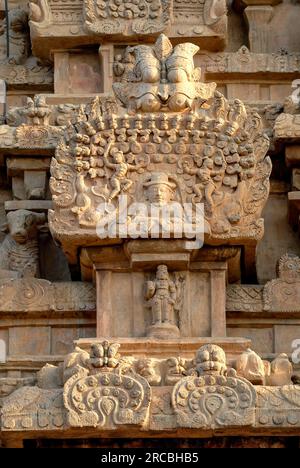 Scultura di un uomo europeo scolpita nella torre del gopuram, il grande Tempio Brihadisvara Brihadeeswara (X secolo) Thanjavur Tanjore, Tamil Nadu, Sud Foto Stock