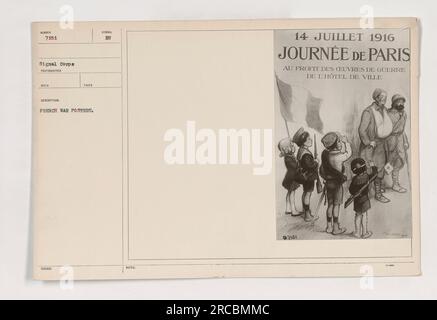 Manifesti di guerra francesi in mostra durante l'evento "Journée de Paris" il 14 luglio 1916, all'Hôtel de Ville, i cui proventi andarono a sostenere gli sforzi bellici. L'immagine mostra una collezione di poster con vari simboli relativi allo sforzo bellico. Foto Stock