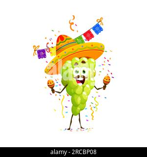 Festa di compleanno per il personaggio della bacca d'uva da cartone animato Festa dei bambini saluto di un personaggio comico di frutta, festa di compleanno per bambini mascotte vettoriale isolata con uva in sombrero messicano che gioca sulle maracas Illustrazione Vettoriale