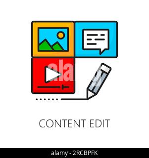 Modifica contenuto, CMS, icona del sistema di gestione contenuti. Matita per editing vettoriale, video, musica e foto, file multimediali con linea a colori isolata simbolo delle tecnologie di sviluppo CMS e di marketing Web Illustrazione Vettoriale