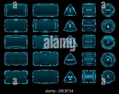 Interfaccia HUD Danger and Warning frame di cyber Technology futuristica, interfaccia utente vettoriale. Schemi di avviso e avvertenza HUD per la schermata del cruscotto del gioco, ologramma della casella messaggi di avvertenza o pericolo Illustrazione Vettoriale