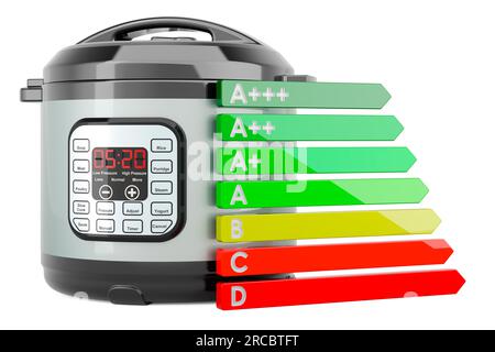 Multicooker automatico con grafico dell'efficienza energetica. Rendering 3D isolato su sfondo bianco Foto Stock