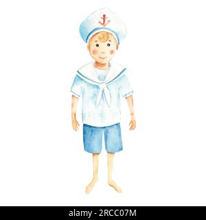 Piccolo marinaio carino con una tuta marina. Acquerello illustrazione nautica per bambini. Dipinto a mano su sfondo bianco. Per carte, poster, baby Foto Stock