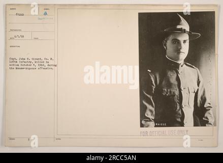 Didascalia: Il capitano John F. Girard, della compagnia D, 126th Infantry, fu ucciso in azione il 5 ottobre 1918, durante l'offensiva Meuse-Argonne. Questa fotografia, scattata da Sunber Photographer, è stata pubblicata con una descrizione Reco il 1 agosto 1919. L'immagine include anche un simbolo H non ufficiale. [Solo uso ufficiale - 61228] Foto Stock