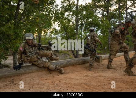 Basic Combat Training, noto anche come "campo di addestramento", è il processo per trasformare i volontari civili in soldati. Nell'arco di 10 settimane, i tirocinanti attraverseranno quattro fasi che coprono i valori fondamentali dell'esercito, l'addestramento fisico, il pronto soccorso, le granate a mano, il percorso a ostacoli, precisione di base del tiro del fucile, navigazione e tre esercizi sul campo separati. L'addestramento di base produce soldati disciplinati, resilienti, fisicamente in forma e competenti nelle loro competenze di base che possono contribuire con successo come membri di una squadra quando arrivano alla loro prima unità di incarico. (Foto dell'esercito DEGLI STATI UNITI di Robin Hicks) Foto Stock