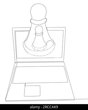 Una linea continua di laptop con pedone e pezzo da scacchi. Concetto vettoriale illustrazione a linee sottili. Idee creative per disegnare contorni. Illustrazione Vettoriale