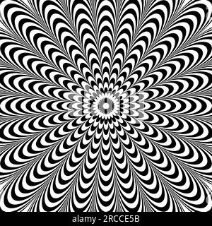 Sfondo illusione ottica. Superficie delle linee d'onda distorte astratte in bianco e nero. Design del poster. Sfondo con illusione ondulata radiale. Illustrazione vettoriale Illustrazione Vettoriale