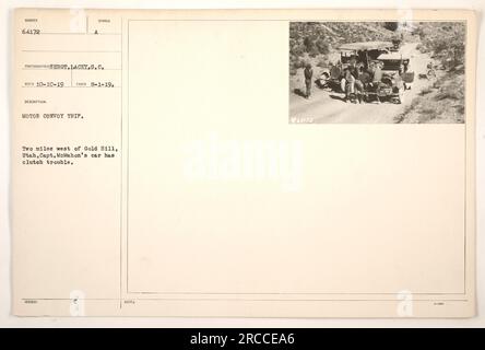 Durante un viaggio in convoglio vicino a Gold Hill, Utah, l'auto del capitano Bernard McMahon ha avuto problemi di frizione. L'incidente fu catturato il 1 agosto 1919 dal sergente Iacey del Signal Corps. La fotografia fa parte di una collezione che documenta le attività militari americane durante la prima guerra mondiale." Foto Stock