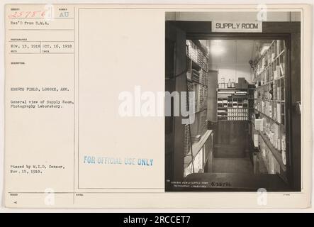 Una fotografia scattata il 16 ottobre 1918 al Sunder Au Eberts Field di Lonoke, Arkansas. Mostra una vista generale del magazzino del laboratorio fotografico. L'immagine è stata autorizzata solo per uso ufficiale ed è stata approvata dal M.I.D. censor il 15 novembre 1918. Foto Stock