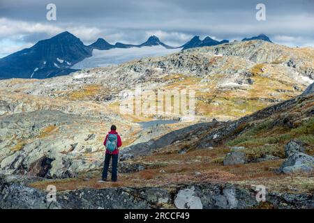 Gli escursionisti ammirano le splendide montagne vicino al lago Skalavatnet Suldal, Norvegia Foto Stock
