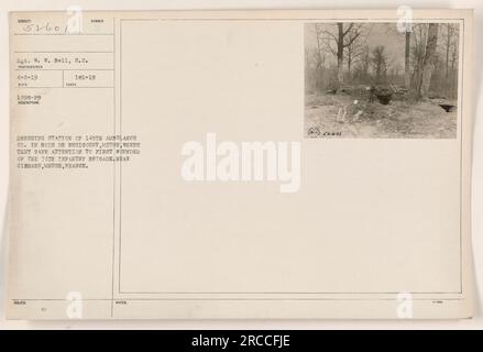 Stazione di vestizione della 145th Ambulance Co. A Bois de Recicourt, Meuse, dove presero cura dei primi feriti della 74th Infantry Brigade. Questa foto è stata scattata nei pressi di Cierges, Mosa, in Francia, l'8 aprile 1919, dal Sgt. W.W. Bell, S.C.. Questa immagine è identificata come soggetto 51601, con la descrizione e le note che fanno riferimento alla sua posizione e ai dettagli fotografici. Foto Stock