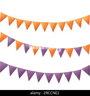 Set di tre ghirlande festive per Halloween. Bandiere viola arancioni per festeggiamenti e decorazioni. Attributo di Halloween, il sabato delle streghe. tema di Foto Stock