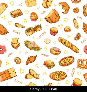 Motivi di panetteria disegnati a mano e parole espressive Illustrazione Vettoriale