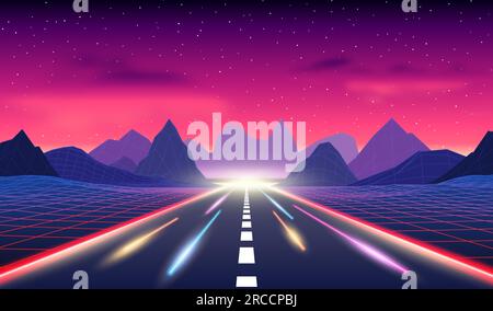 Strada al neon tra le montagne in stile synthwave. stile anni '80, ambientazione arcade retrò viola e blu. Illustrazione Vettoriale