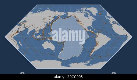 Forma della placca tettonica del Pacifico sulla mappa del contorno solido nella proiezione di Eckert i centrata meridionalmente. Distribuzione di vulcani noti Illustrazione Vettoriale