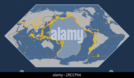 Forma della placca tettonica del Pacifico sulla mappa del contorno solido nella proiezione di Eckert i centrata meridionalmente. Luoghi di terremoti sopra Richter Illustrazione Vettoriale