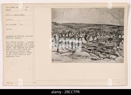 L'immagine mostra una vista generale del villaggio di Vaux, preso da un argine ferroviario e guardando a sud. Il villaggio è raffigurato in uno stato di completa rovina, con numerosi fori di conchiglia che indicano gli effetti devastanti del fuoco d'artiglieria. Questa immagine è uno dei 50 disegni di artisti militari americani ufficiali inclusi nella serie. Foto Stock