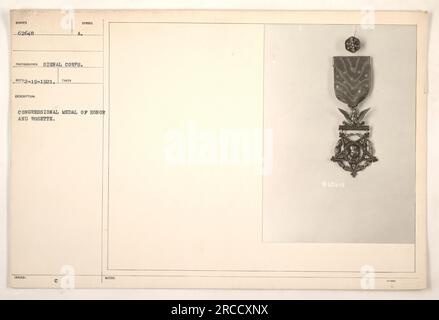 Primo piano di una medaglia d'onore del Congresso e di una rosetta, fotografata da un fotografo del Signal Corps. La medaglia simboleggia un eccezionale coraggio ed eroismo in combattimento. La fotografia è datata 19 febbraio 1921 ed è etichettata come "SUMBER 62648 RECO2-19-1921". La descrizione menziona il simbolo "18BULD: A" e le note aggiuntive "C NOTE 62648". Foto Stock