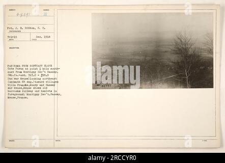 Il Pvt. J. E. Gibbon del Signal Corps scattò una fotografia panoramica dal versante nord-est di Cote Purun, situato a sud-est di Montigny Dev't Sassey, in Francia. La fotografia, scattata il 1918 dicembre, mostra in primo piano i villaggi di Villa Franca, Maury e Sassey sur Meuse, insieme a vecchie caserme, ferrovie e borghi. Foto Stock