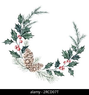 Corona natalizia di rami di ilex con bacche rosse e rami di abete rosso, albero sempreverde, cono di pino. Emerald holly se ne va. Banner botanico Winterberry Foto Stock