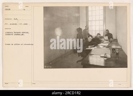 Scena in un ufficio del laboratorio numero 60193 all'Edgewood Arsenal, MD. Questa foto è stata scattata nel 1918 dal fotografo S.C. Si tratta di una rappresentazione del simbolo Chemical Warfare Service. L'immagine mostra un ambiente di lavoro all'interno del laboratorio. Vi sono note aggiuntive menzionate, compreso il numero 90. Foto Stock