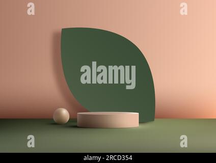 Scopri un design moderno degli interni con questa accattivante vetrina di prodotti. Con un podio di colore beige 3D, uno sfondo verde brillante, un Illustrazione Vettoriale