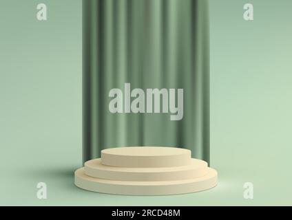 Scopri un moderno espositore per interni con gradini di podio in colore beige 3D che si stagliano con grazia contro un'accattivante tenda verde sul retro Illustrazione Vettoriale