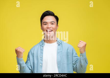 Giovane bell'uomo che indossa abiti casual gridando orgoglioso, celebrando la vittoria e il successo molto eccitato con le braccia sollevate Foto Stock