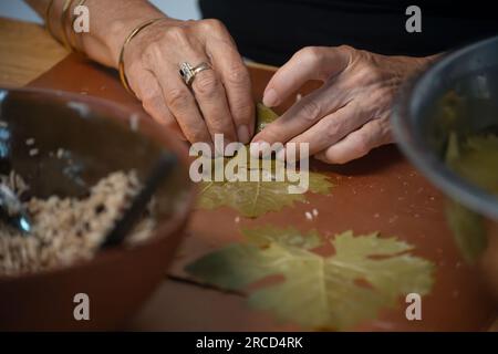 La donna sta rotolando foglie di vite Sarma (anche warak enab o Dolma) avvolte intorno a un ripieno di riso e carne macinata Foto Stock