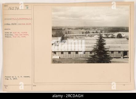 Vista di Oles St Victor Hospital a Jone les Tours, Francia, preso il 10 luglio 1918. La foto è stata scattata da Pvt. L.P. Goldshlag dell'ottava Divisione. La descrizione afferma che l'immagine è stata approvata dalla censura dell'A.E.F. il 6 agosto 1918. Fascicoli supplementari: 16914. » Foto Stock