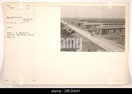 Personale militare americano che cammina all'esterno del Wards 1-8 all'embarkation Hospital, situato a Camp Stuart, Newport News, Virginia. La foto è stata scattata tra il 20 maggio e il 7 giugno 1919. L'ospedale fu creato per il personale militare che si preparava all'imbarco durante la prima guerra mondiale. Foto Stock