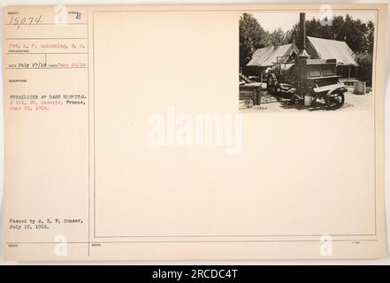 'Pvt. L. P. Goldshlag, S. C. ha scattato una fotografia di uno sterilizzatore al base Hospital n. 101 di St. Nazaire, Francia. L'immagine è stata scattata il 25 giugno 1918 e passata dall'A. E. F. Censor il 16 luglio 1918. Le banconote emesse indicano il numero di fotografia 15074." Foto Stock