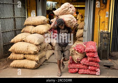 I lavoratori trasportano cipolle per le strade di Colombo, Sri Lanka Foto Stock