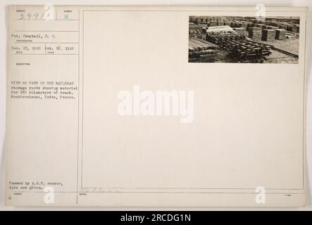 "Veduta di parte dei depositi ferroviari di Montierchaume, Indre, Francia. L'immagine mostra i materiali per 250 chilometri di pista durante la prima guerra mondiale. Foto scattata da Pvt. Campbell, S.C.G Photographe in una data sconosciuta tra il 13 dicembre 1918 e il 16 novembre 1918. Convalidato dalla censura A.E.F. ' Foto Stock