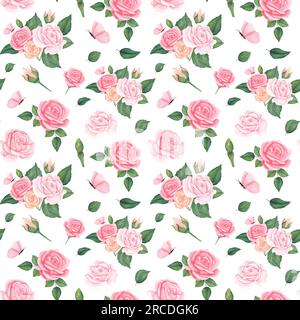Acquerello senza cuciture motivo floreale - elementi di fiori rosa, foglie verdi rami su sfondo bianco. per wrapper, sfondi, cartoline, gree Foto Stock