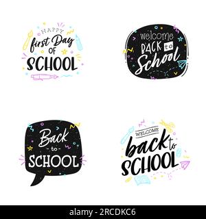 Set di articoli per la scrittura a mano e per l'istruzione Welcome Back to School - etichetta di vendita. Illustrazione vettoriale, elementi tipografici Illustrazione Vettoriale